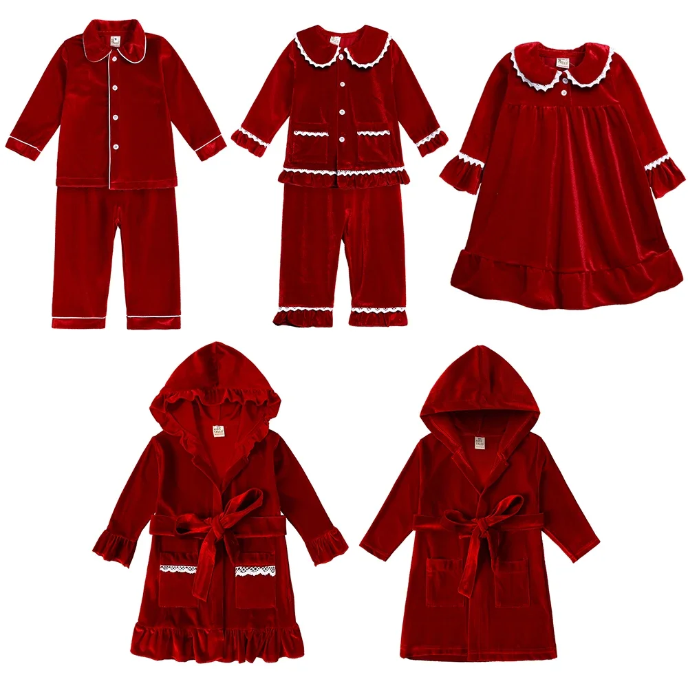 2024 Christmas Pyjamas For Kids Red Velvet Warm Clothes Family Match Boy Girl Dress Robes Xmas Set Children Pajamas Costume