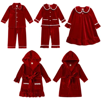2024 Weihnachts pyjama für Kinder roter Samt warme Kleidung Familie Match Junge Mädchen Kleid Roben Weihnachten Set Kinder Pyjama Kostüm