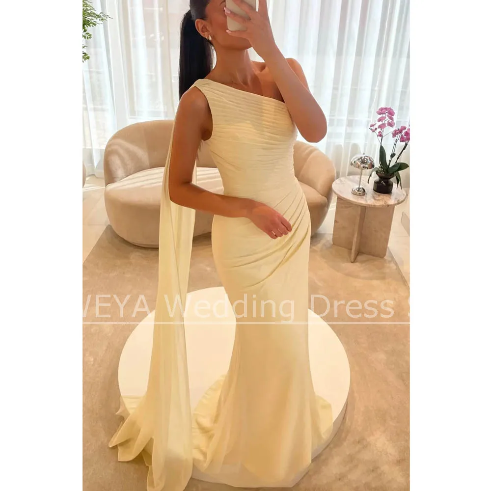 Light Yellow Chiffon Evening Dress Chic One-Shoulder Ruched Mermaid Party Gown Fashion Cape Sleeve Floor Length Pleat Prom Dress