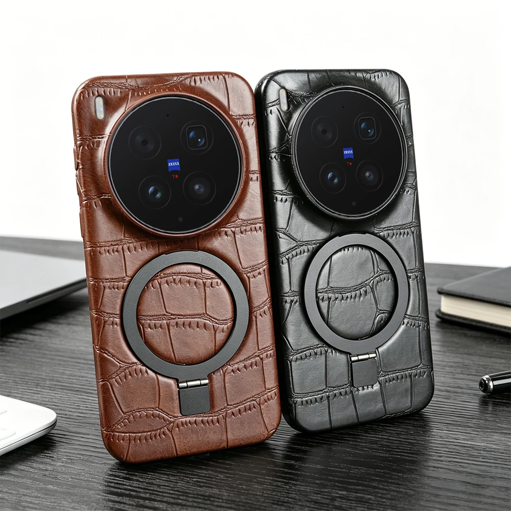 

Кожаный чехол для телефона с магнитным кольцом-держателем для Vivo X300 X200 X100 Ultra S30 Pro mini V50 Lite X300S, жесткая задняя крышка из поликарбоната (PC)