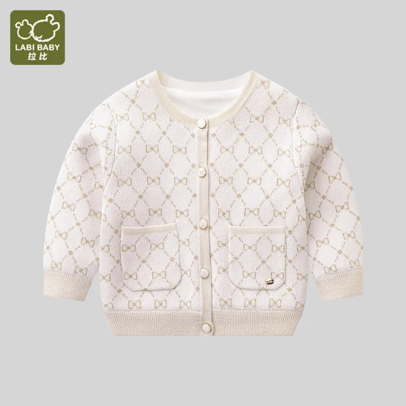 

LABI BABY Girls Luxurious Golden White Cardigan Knitwear Knitted Sweater Coat Toddler Knitwear Party Knit Overcoat Autumn Winter