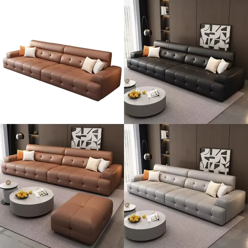 for sofa first layer cowhide simple modern size apartment living room Italian light luxury straight row leather sofa