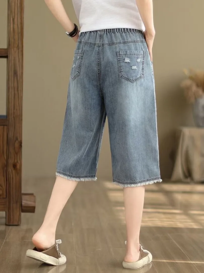 

Summer Thin Loose plus Size Denim orts Women's Harlan Pants High Waist Slim Straight Casual Versatile Six-Part Pants