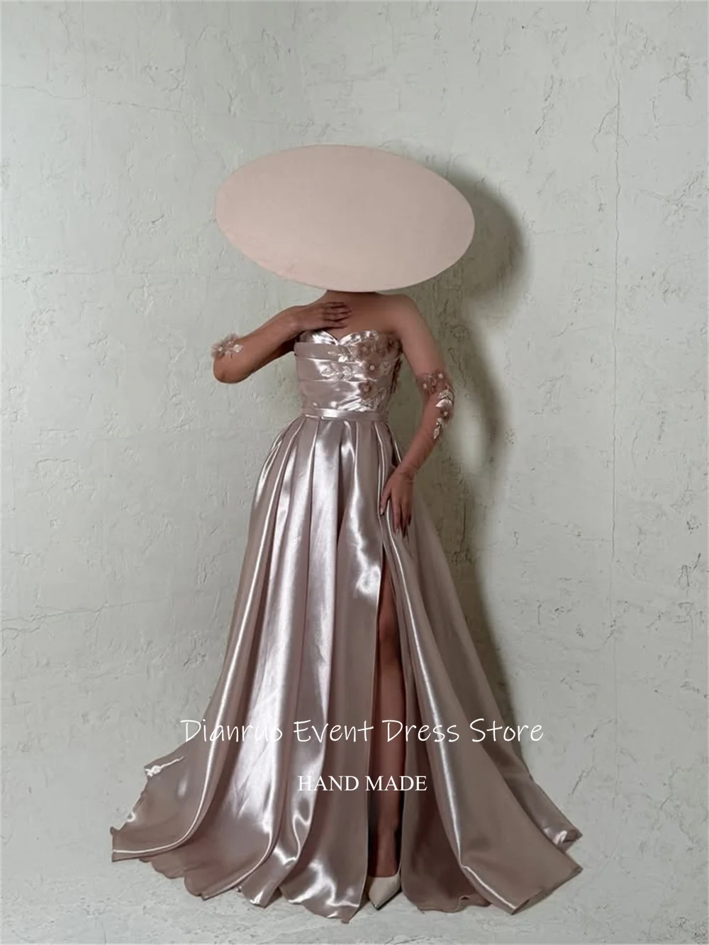 Dianruo Gaun Malam Bunga A Line Tanpa Tali Satin Celah Tinggi Vestidos De Noche Ruched Biru Laut Abendkleider Dubai Disesuaikan