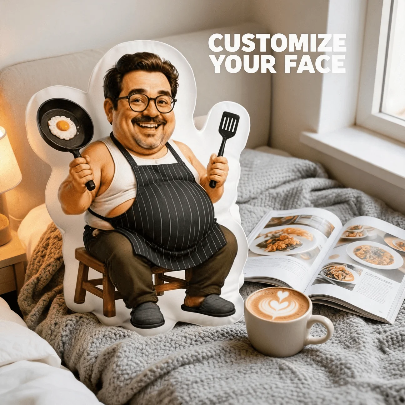 Custom Photo Shaped Pillow, Funny Chef Apron And Frying Pan Personalized Face Decorative Cushion, 70CM Home Decor Accent for Sof