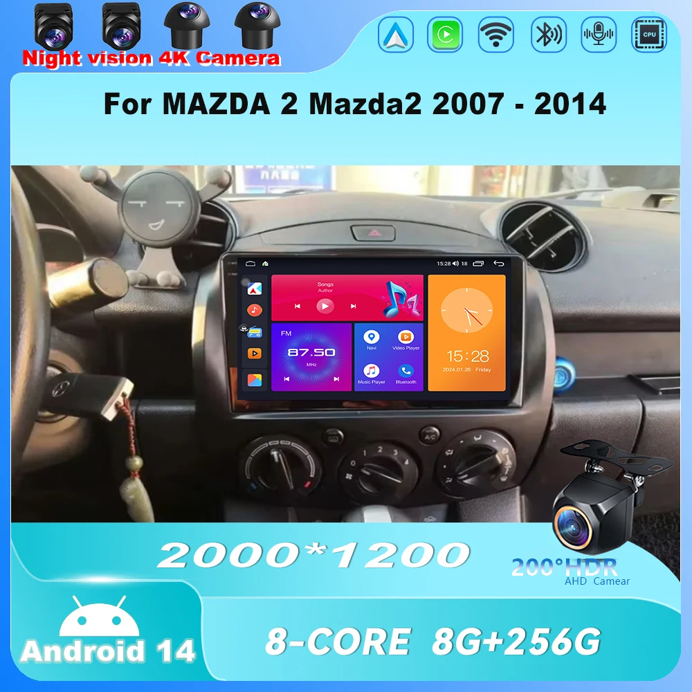 Android 14 untuk MAZDA 2 Mazda2 2007 - 2014 Radio Mobil Pemutar Multimedia Carplay Nirkabel 5G Wifi IPS LED 2 DIN GPS