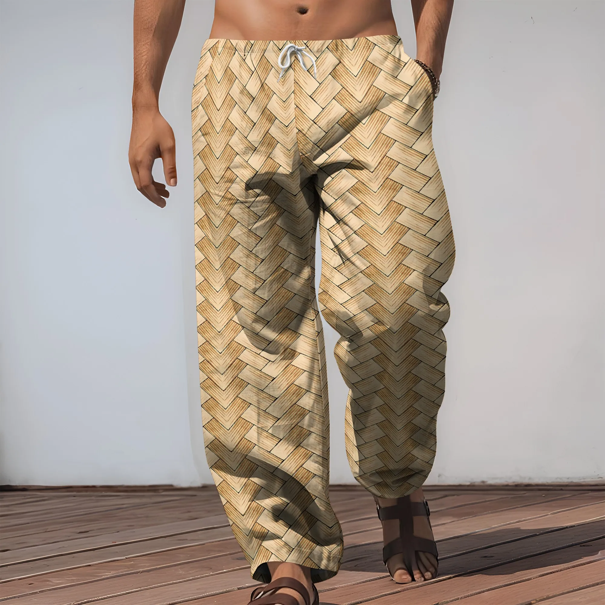 Celana Cetak Tekstur Tenun YEAE untuk Pria Celana Panjang Serut Longgar Kasual Musim Panas