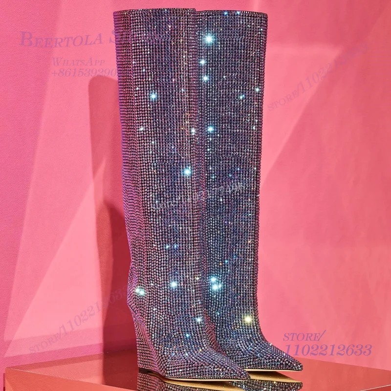 

Glitterati Boot Blue Purple Full Crystal Diamond Wedge Knee Boot Women Party Pointed Matte Black Leather Silver Gold Mirror Shoe