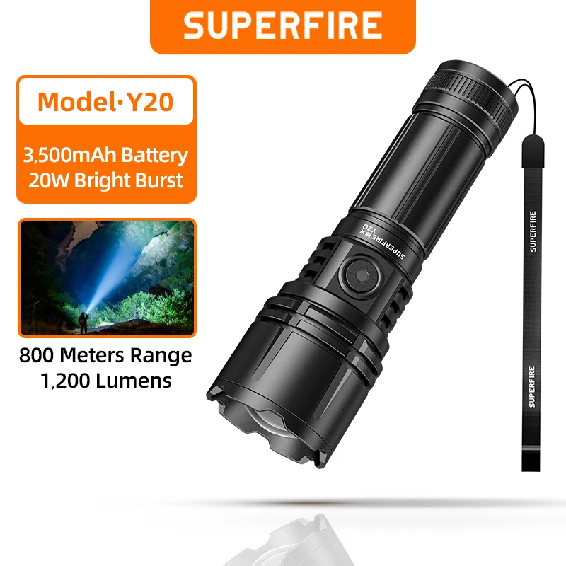 

SUPERFIRE Y20 20W LED Flashlight Powerful USB-C Rechargeable Tactical Torch with Zoom Gear Memory Function Camping Fishing Light