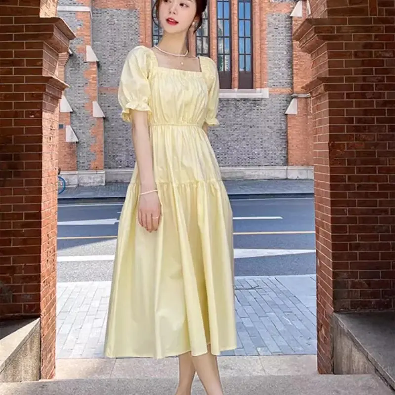 Vestido francês quadrado com mangas bolha para mulheres, look emagrecedor, amarelo creme, verão, cintura, novo, 2022