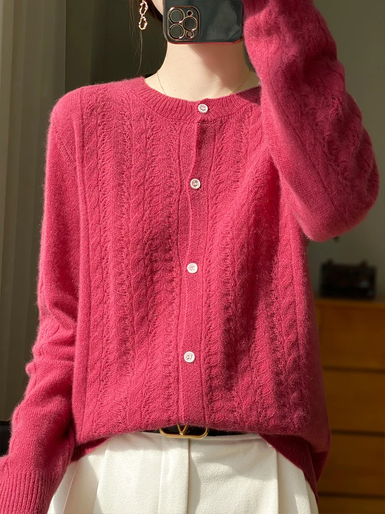100% pure cotton cardigan spring women\'s new O-neck hollow loose and slimming cashmere sweater knitted thin