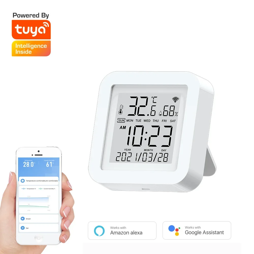 Tuya WIFI Digital Thermometer Alarm Clock LED Table Clock Snooze Calendar Hygrometer Humidity Meter Weather Forecast Desk Clock