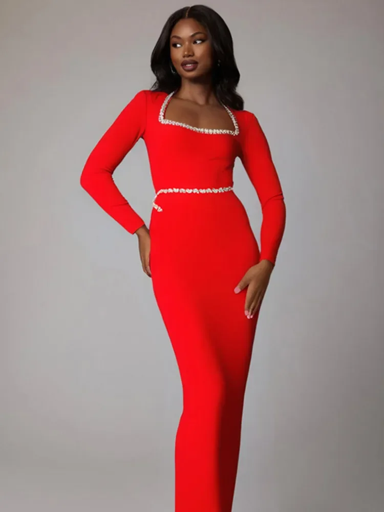 2025 Women Celebrity Sexy Long Sleeve Square Collar Red Maxi Long Bodycon Bandage Dress Elegant Evening Club Party Outfit