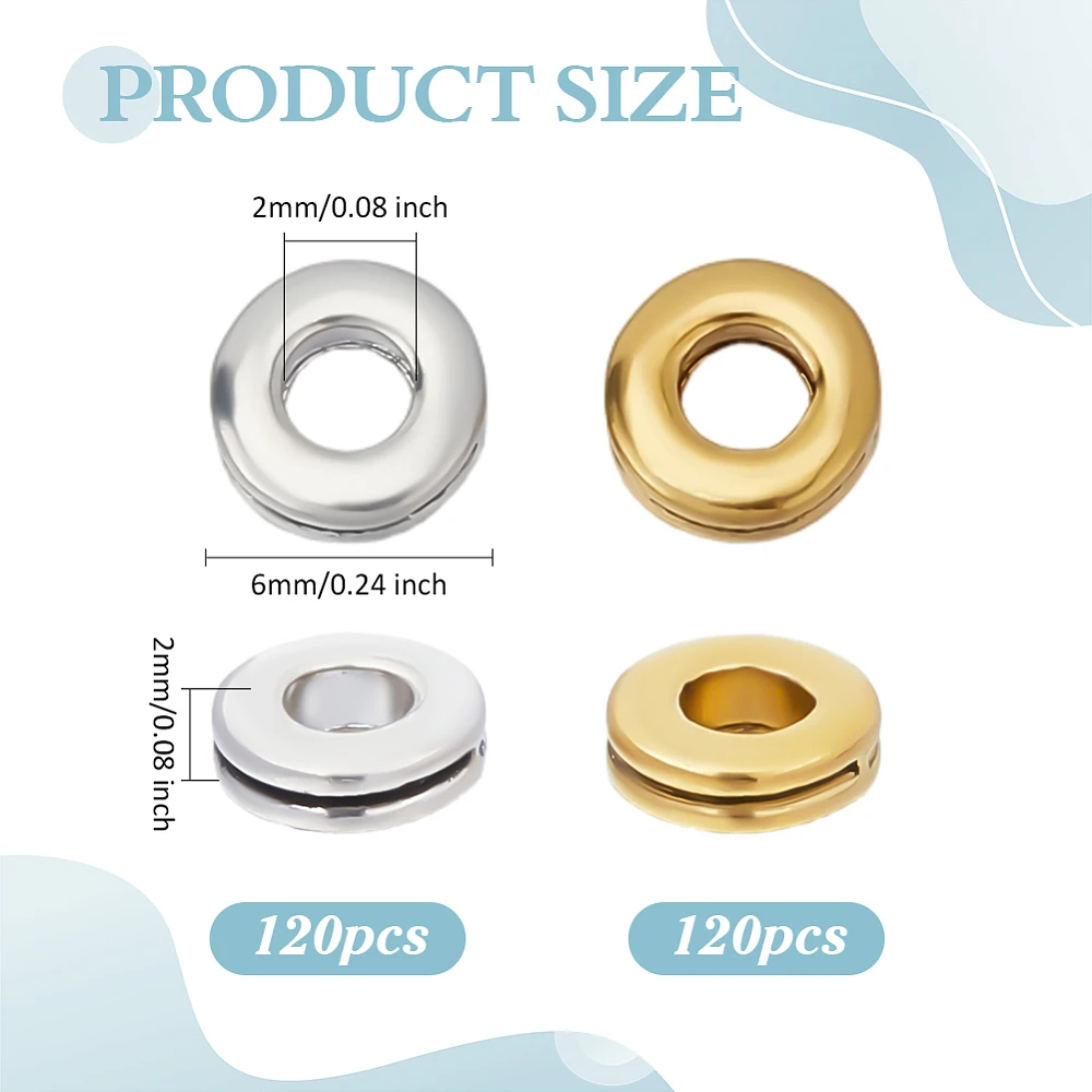 240Pcs 2 Colors Style Flat Round Beads Alloy Large Hole Loose Spacer Beads Silver Golden Flat Round European Bead view 2