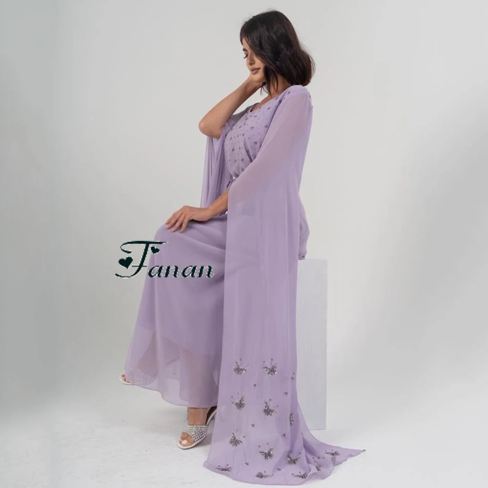 Customized Scoop Neck Chiffon Sequined Draped Lavender Evening Dress Half Sleeves Tea-Length Butterfly Formal Pageant Party Gown