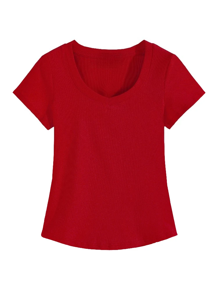 2026 Summer High Quality Slim Fit V-Neck Women T Shirt Sexy Slim Versatile Short Sleeves Tees Trend Solid Clothing Y2k Tops
