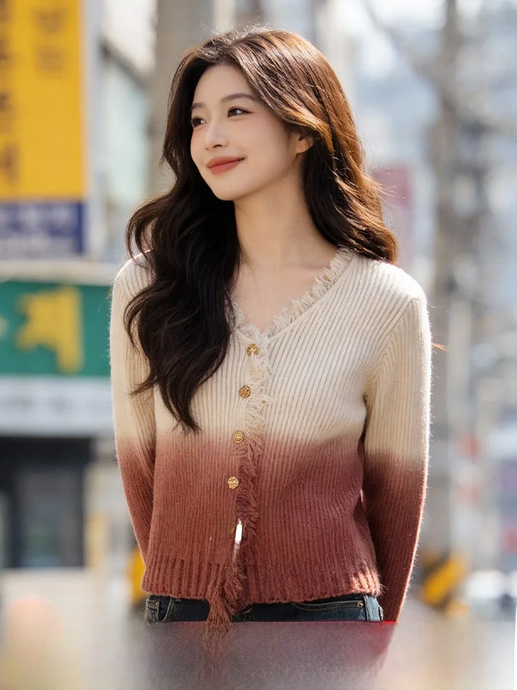 

Женский вязаный кардиган большого размера с V-образным вырезом, пушистый, градиентный, повседневный, с длинными рукавами, утепленный, зимний, модный