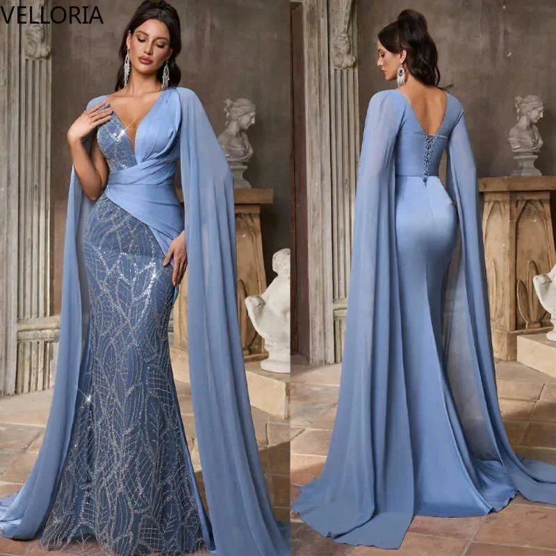 

Classic Mermaid Evening Dress V Neck Long Sleeve Sequins Prom Gowns Fashion Pleats Beaded Floor Length Party Dress Customized