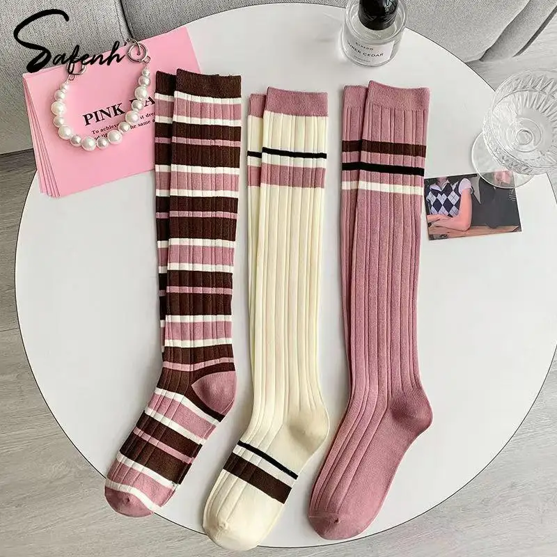 Women Contrast Striped Socks Colorful Stripe Calf Socks Thin Summer High Tube Socks For Girls Student School Socks JK Socks