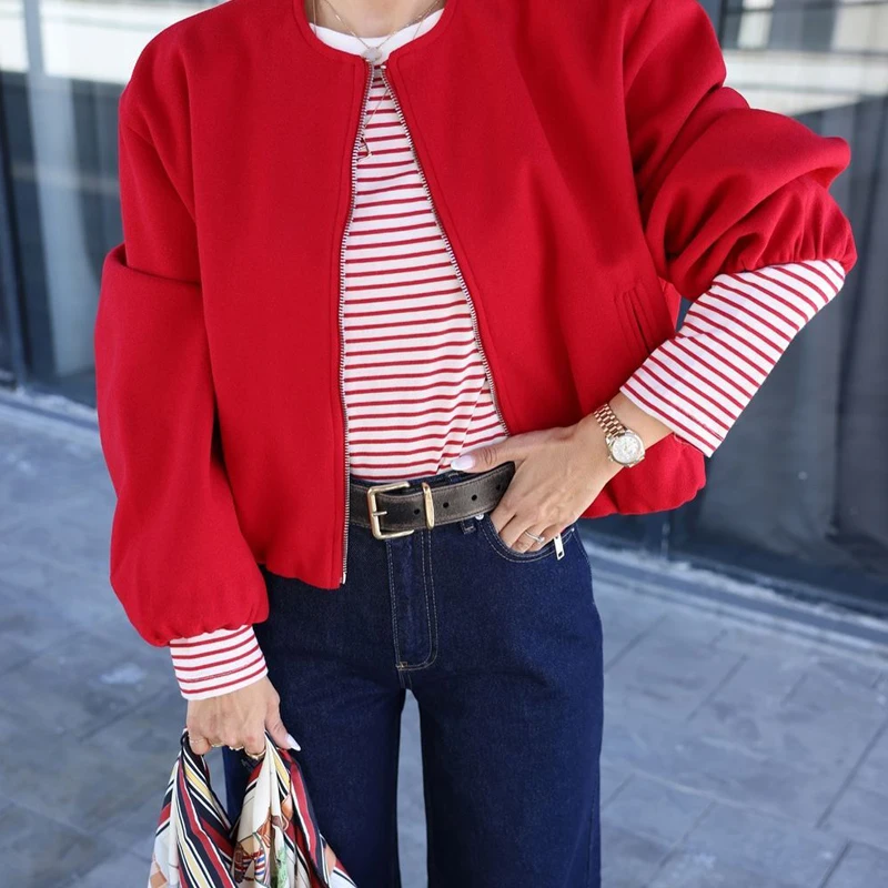 HXAO 가을 여성 2024 여성 자켓 소프트 트위드 크롭 자켓 레드 그레이 베이지 자켓 긴 소매 특대 겉옷 캐주얼 코트