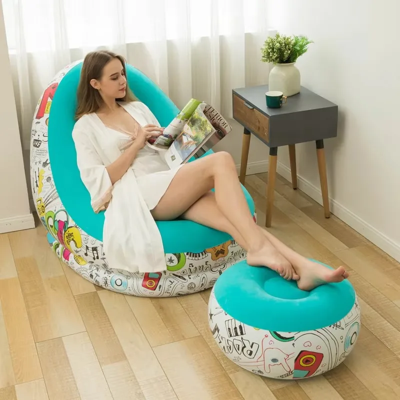 Lazy inflatable sofa foldable recliner outdoor sofa with pedal combination lazy sofa flocking