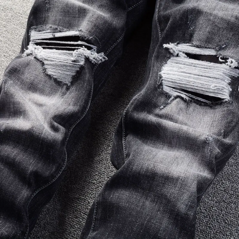 Latest Fashion Men's Jeans Vintage Black Grey Elastic Slim Fit Vintage Split Jeans Men's Patch Designer Hip Hop Jeans