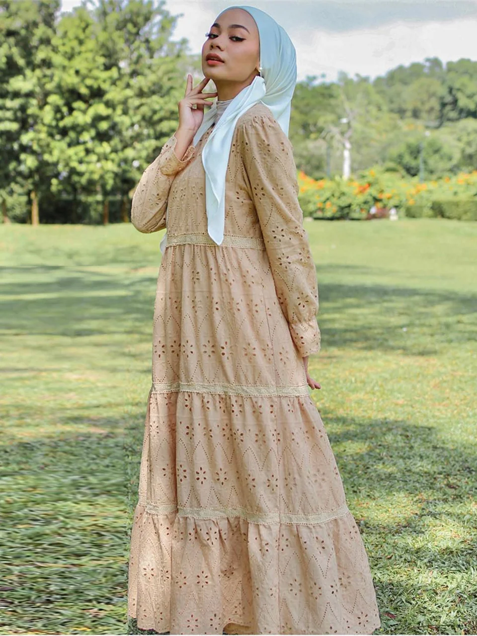 chinese dress ladies Light Green Muslim Wedding Dresses Long Sleeves A Line Chiffon Bridal Dress