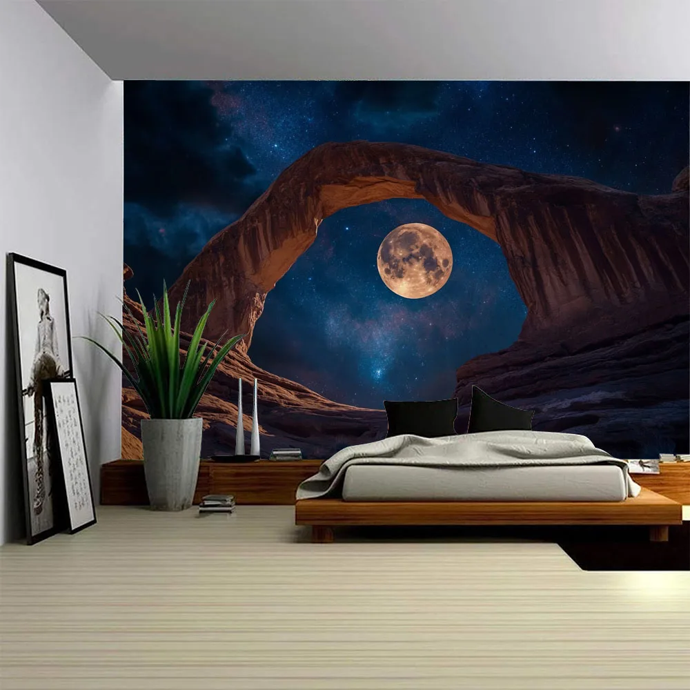 Gorgeous Starry Sky, Giant Stone, Moon Tapestry - Dreamy Universe Fabric Hanging Painting, Home, Office, and Party Decoration