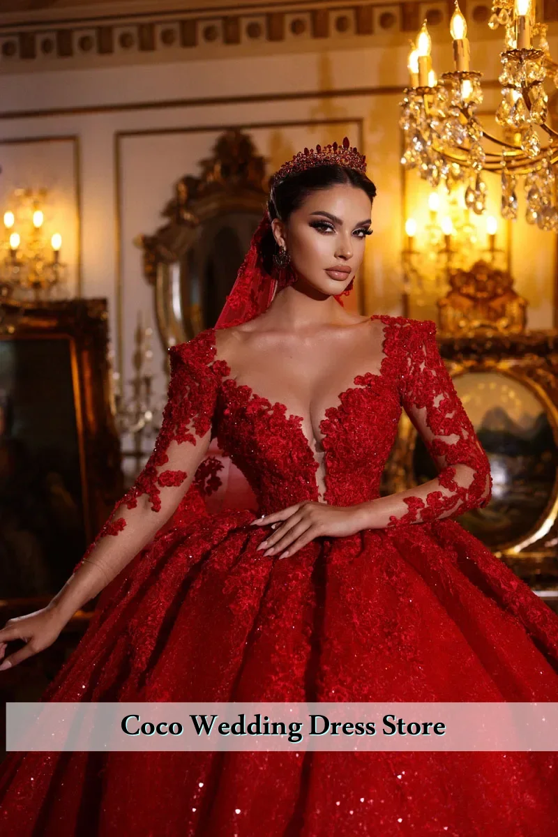 Роскошные великолепные кружевные красные свадебные платья в Дубае по индивидуальному заказу, блестящие свадебные платья в арабском стиле с длинными рукавами, Vestido De Novia