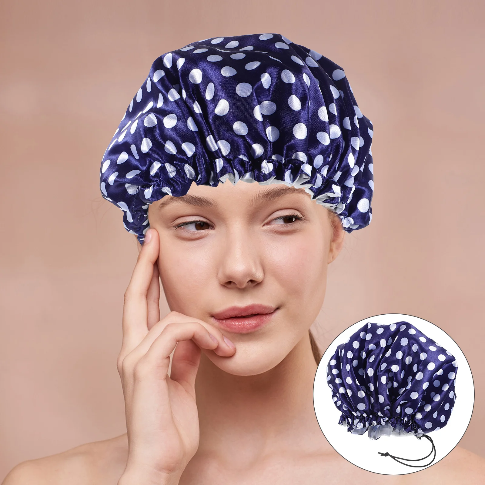 

Waterproof Double Layer Shower Cap Adjustable Size Sauna Bath Hat Splashproof Hair Cap with Colorful Dot Pattern for Women