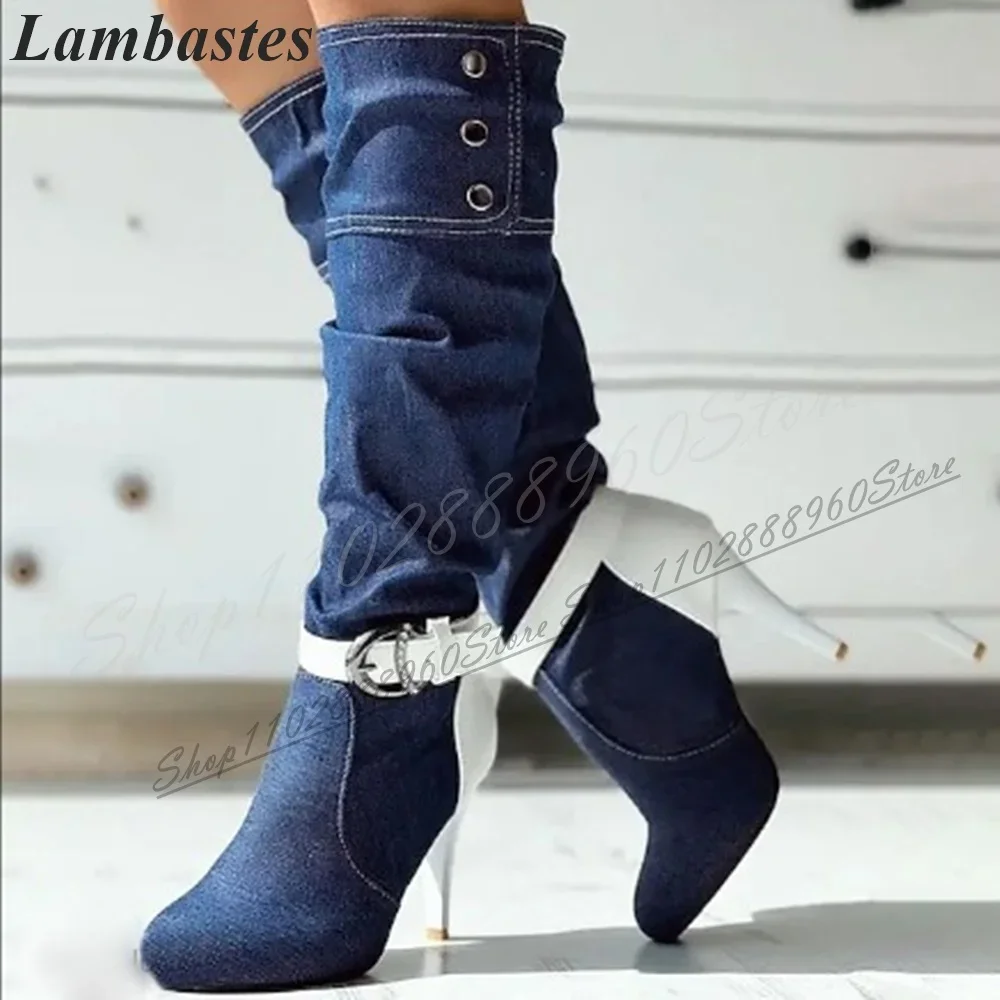 الركبة عالية مختلط الربط مشبك حزام زر الأحذية رقيقة عالية الكعب النساء أحذية الانزلاق على أشار تو 2024 موضة Zapatillas Mujer