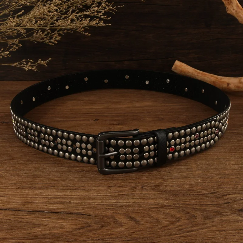 PKKSNew fashion casual studded belt Small Mushroom Stud Earrings with Rhinestones Top Layer Cowhide Men's and Women's Luxury Lea