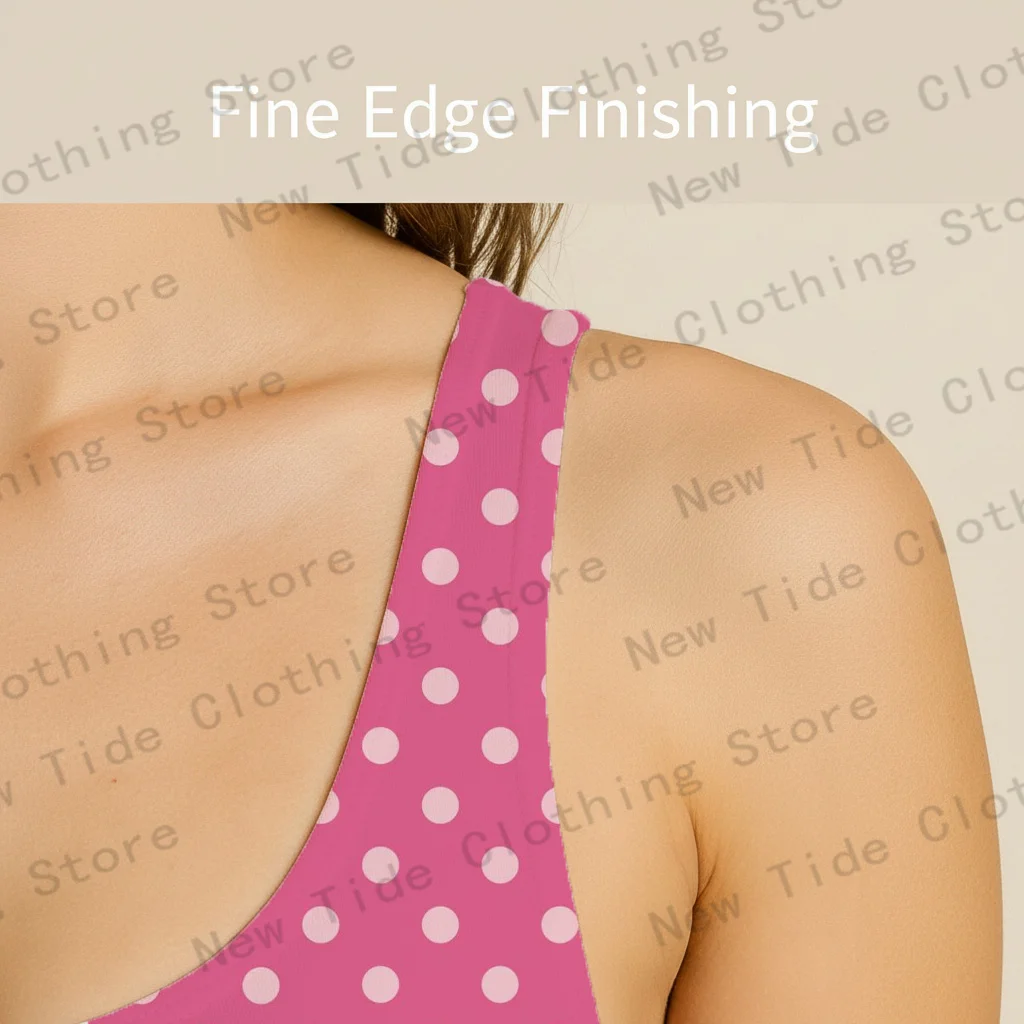 Damski różowo-biały strój kąpielowy jednoczęściowy w grochy, bez rękawów, dopasowany, na plażę, wakacje letnie, do basenu.