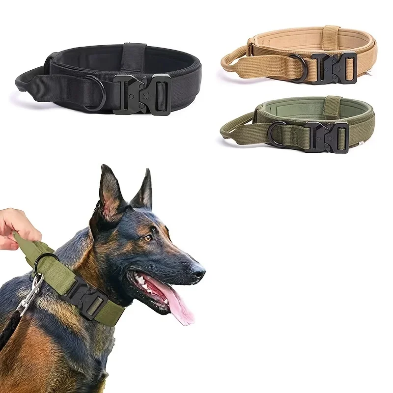 Military Tactical Dog Collar, Adjustable Soft Nylon, Outdoor Training, K9 Collar with Handle and Metal