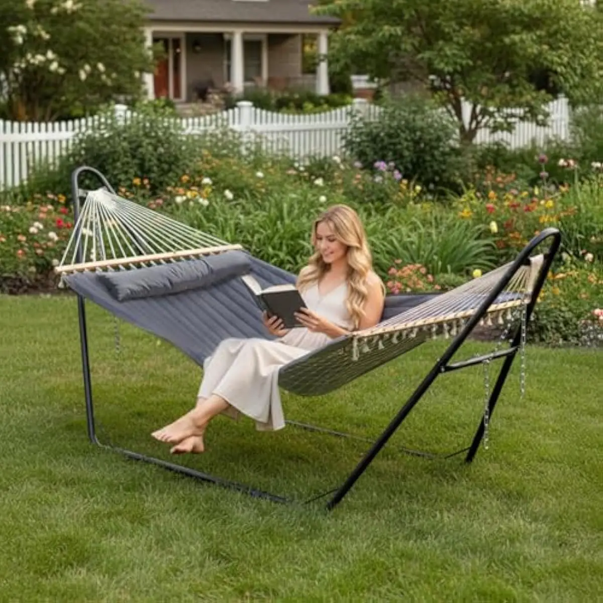 Heavy Duty Double Hammock with Stand for Outside, 550 LBS Capacity Adjustable Steel Frame Rope Hammock Set for Patio Garden Backyard