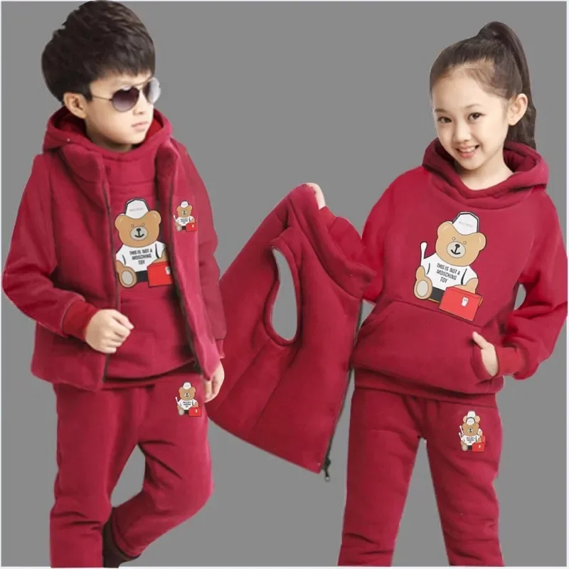 Boy Girls Fall Winter Thick Warm Clothing Set 3 Pcs Sweatshirt +Pants+Vest Cartoon Outfits Children Tracksuit School Uniform