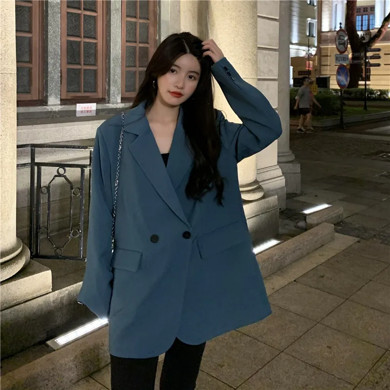 

Women's Spring/Summer Retro Casual Short Long Sleeve Blazer Commuter solid color loose double-breasted blazer collar Suit Jacket