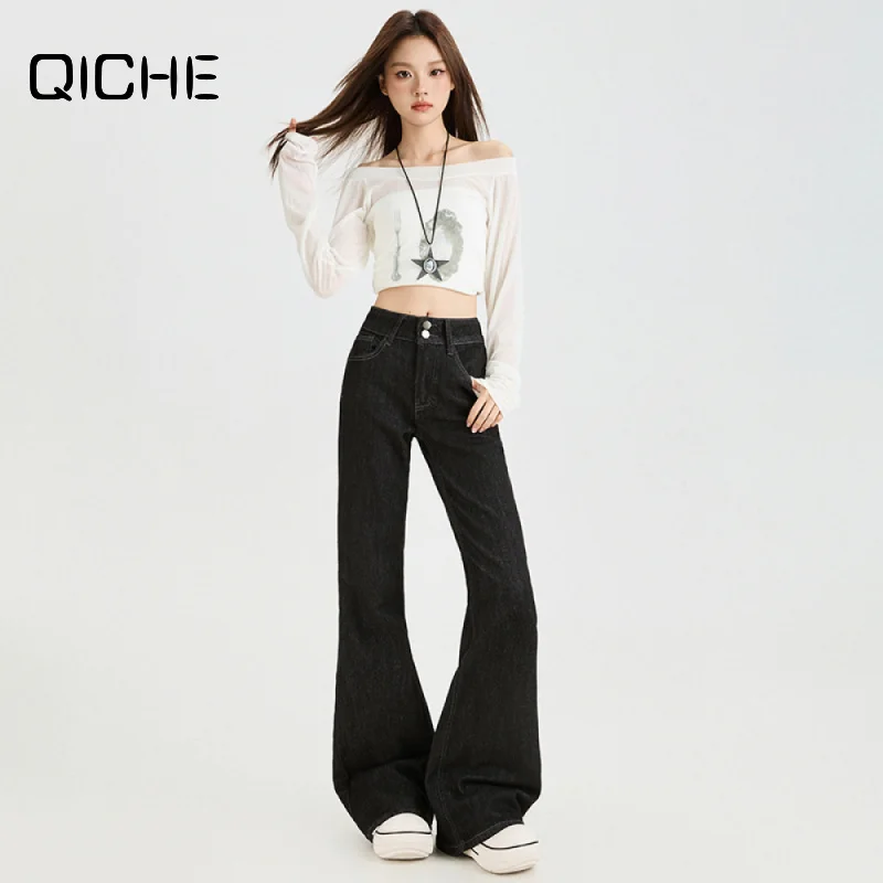 QICHE 2026 Spring Women Black Gold Bootcut Denim Pants, Stretch Double Button Back Pocket Slim Jean Trousers