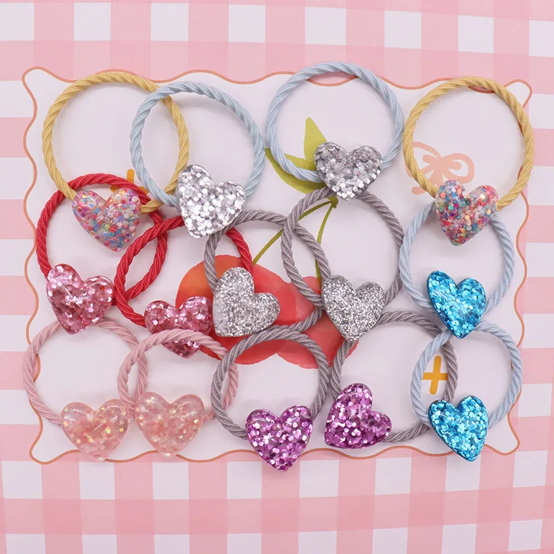 2Pcs/Set Glittering Love Resin Children\'s Rubber Bands Sweet Hair Accessories Baby Headband Kid Ponytail Holder Scrunchie