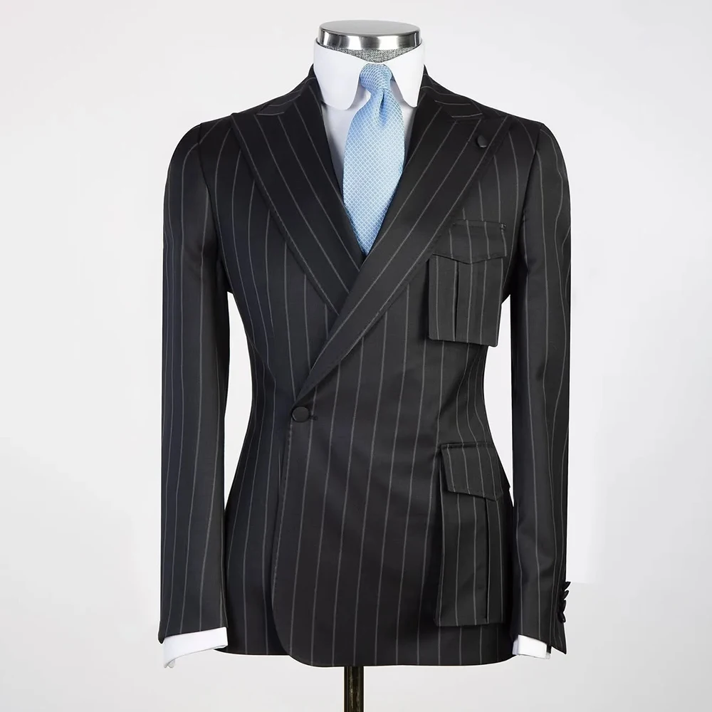 

Formal Black Stripe Men's Suits Blazer Customzied Fit 2 Piece Jacket With Pants Sets Elegant One-Button Peak Lapel Outfits