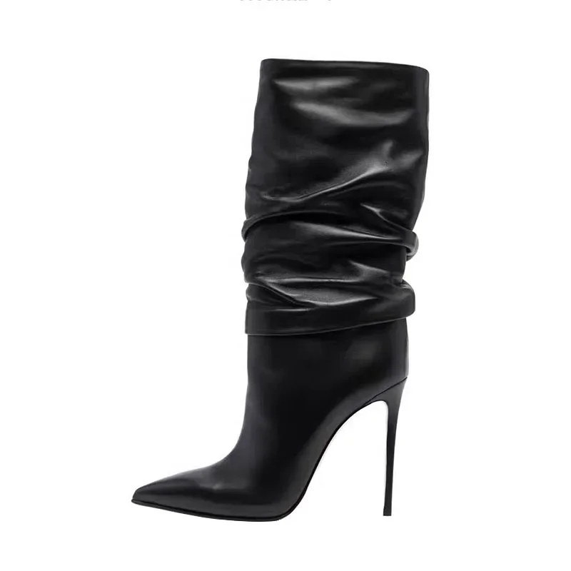 

Arden Furtado 2024 Woman's Black Cowhide Thin Heels Middle Boot Pointed Toe Pleated Slip-on Super High Heel Modern Boots