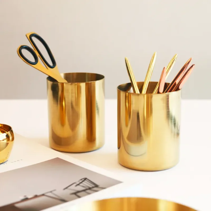 Pencil Cup Holder Pen Pot Makeup Brushes Holder Desk Stationery Organizer Stainless Steel (Gold)