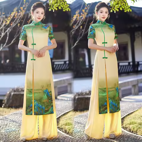 2026 vietnam vintage dress national flower print cheongsam dress+pants set retro qipao elegant banquet evening dress vestido