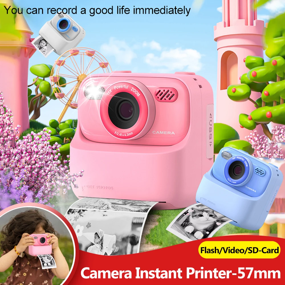 

Камера мгновенной печати для детей, мини-цифровая видеокамера с двойным объективом и вспышкой, термопринтер для фото 57x25 мм, бумага для термопринтера, подарок для мальчиков и девочек