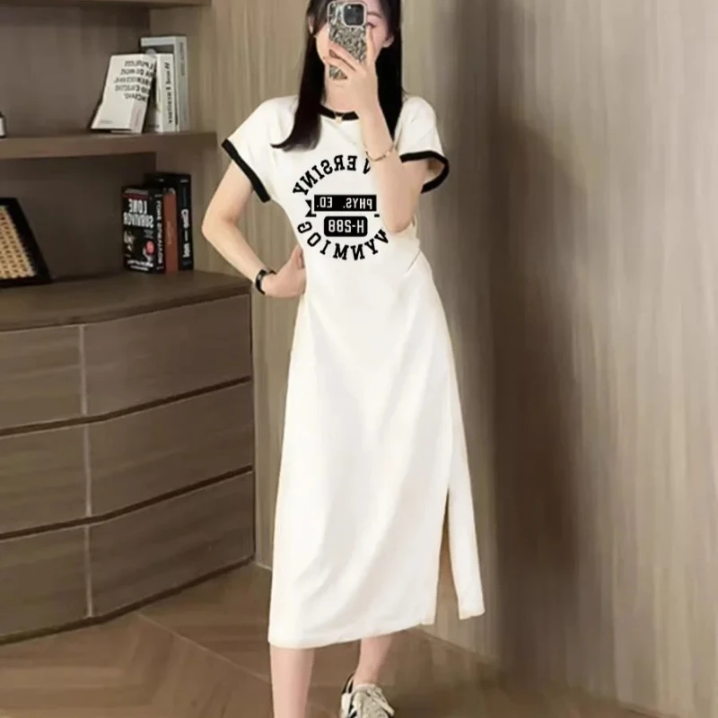 Summer Ice Silk Short Sleeve Dress Women's Home Wear Slimming Long Split Design Sense Letter Print Dress Fashionable Casual