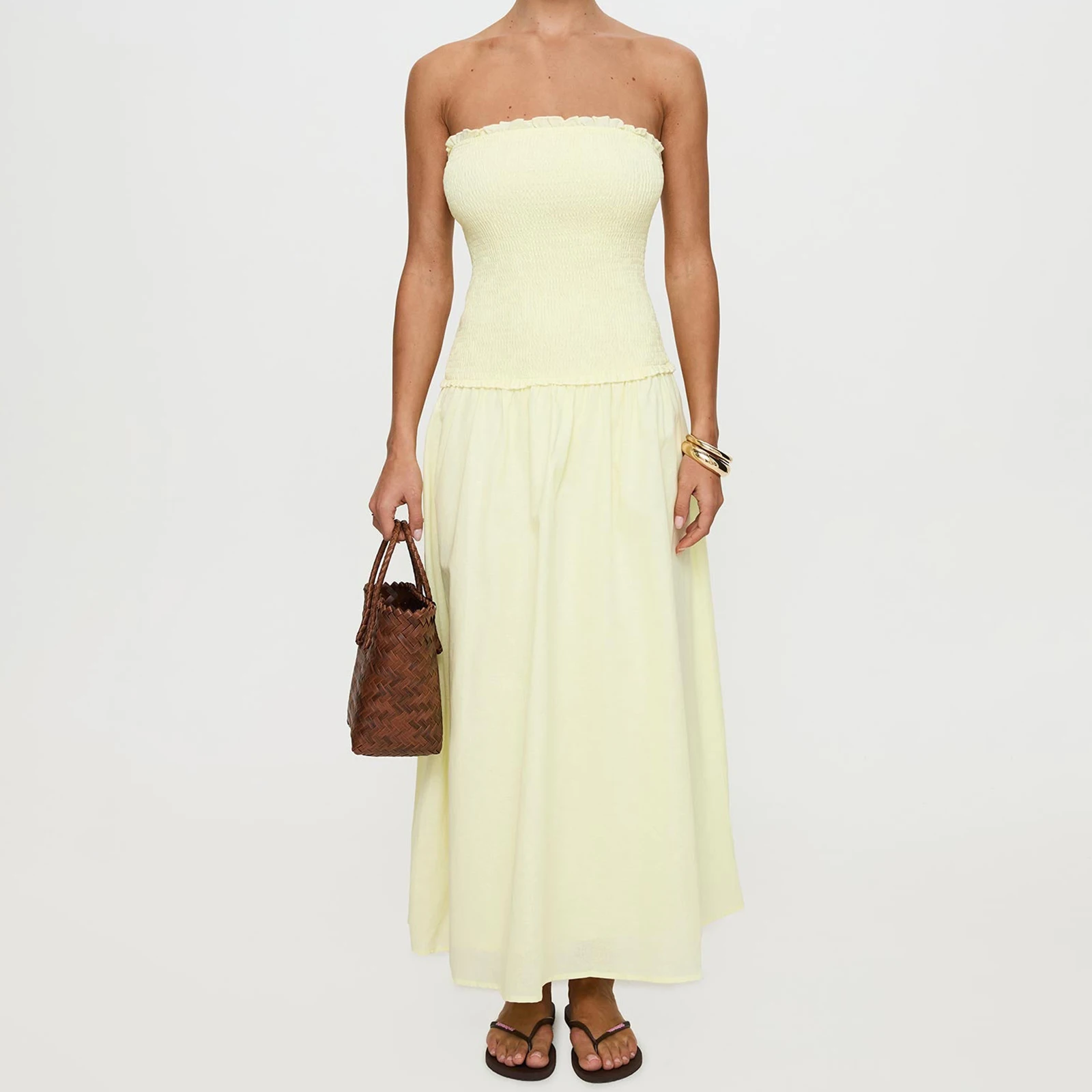 Women's Strapless Dress Stylish Solid Color Patchwork Ruffled Trim Smocked A Line Tube Long Dress for Spring