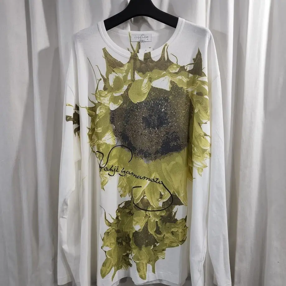 TOP-YAMAMOTO ® Plant Print Long-Sleeved T-Shirt for Women - White Round Neck Loose-Fitting Versatile Base Top Shirt