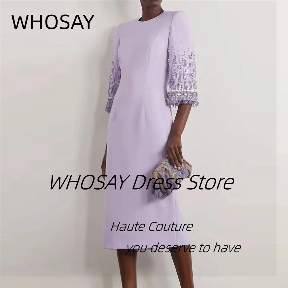 WHOSAY Medium Length Dresses for Prom Party Crew Neck Beading Long Sleeves Evening Gown Zipper Back Birthday Party Holiday Dress