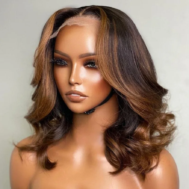 

200 Density 4x4 Highlight Body Wave Short Bob Brazilian Virgin Hair HD Transparent Lace Full Lace Closure Wigs Human Hair Wigs