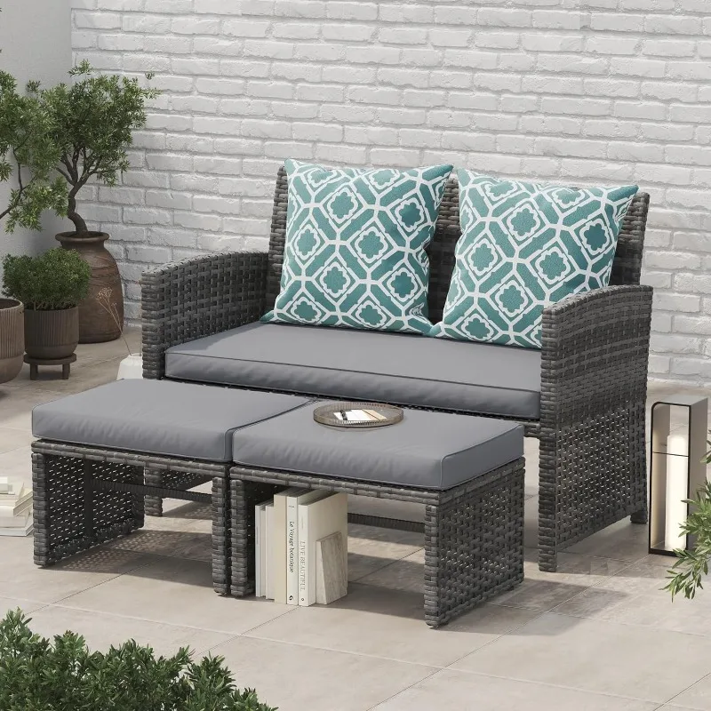 OC Orange-Casual Outdoor Loveseat Patio Furniture Rattan Conversation Set with Ottoman, Light Grey Cushions, Grey Wicker,